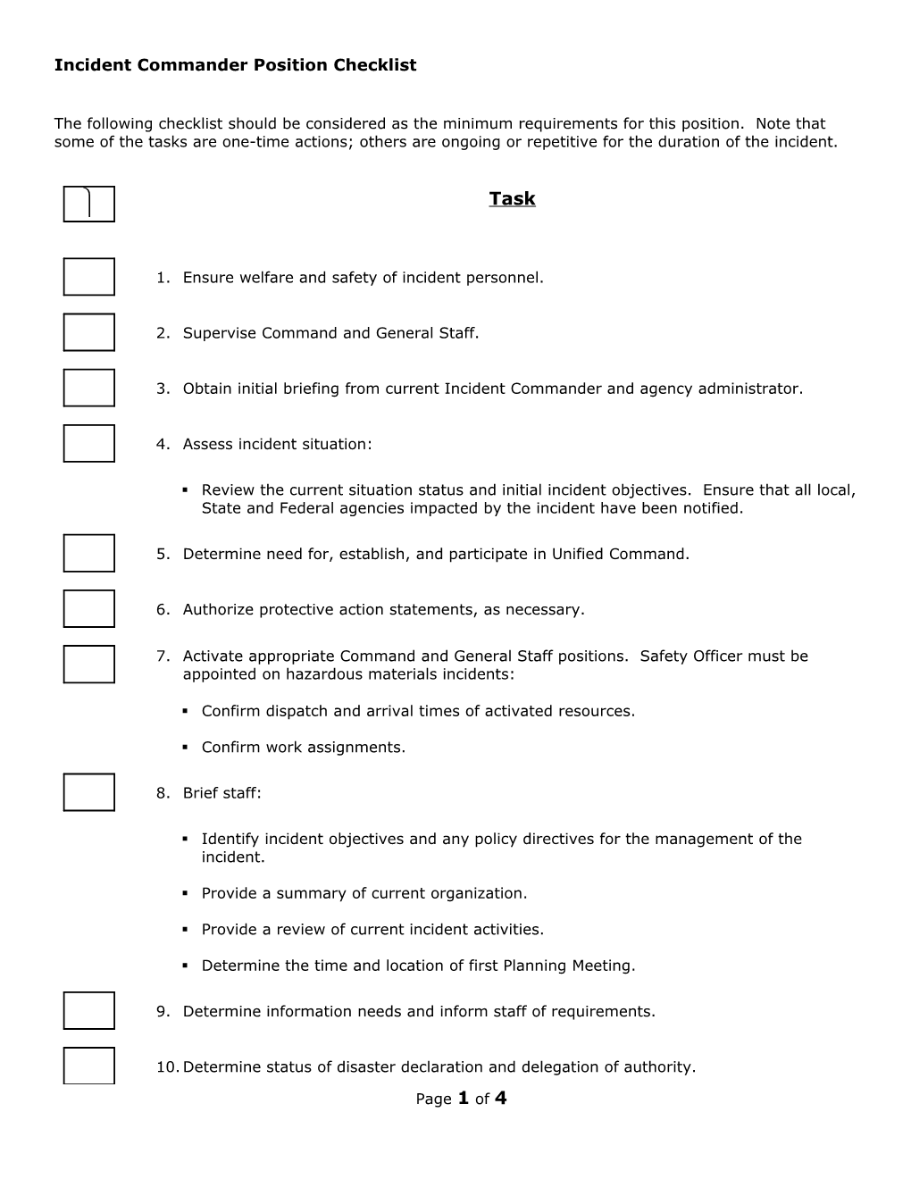 Incident Commander Position Checklist