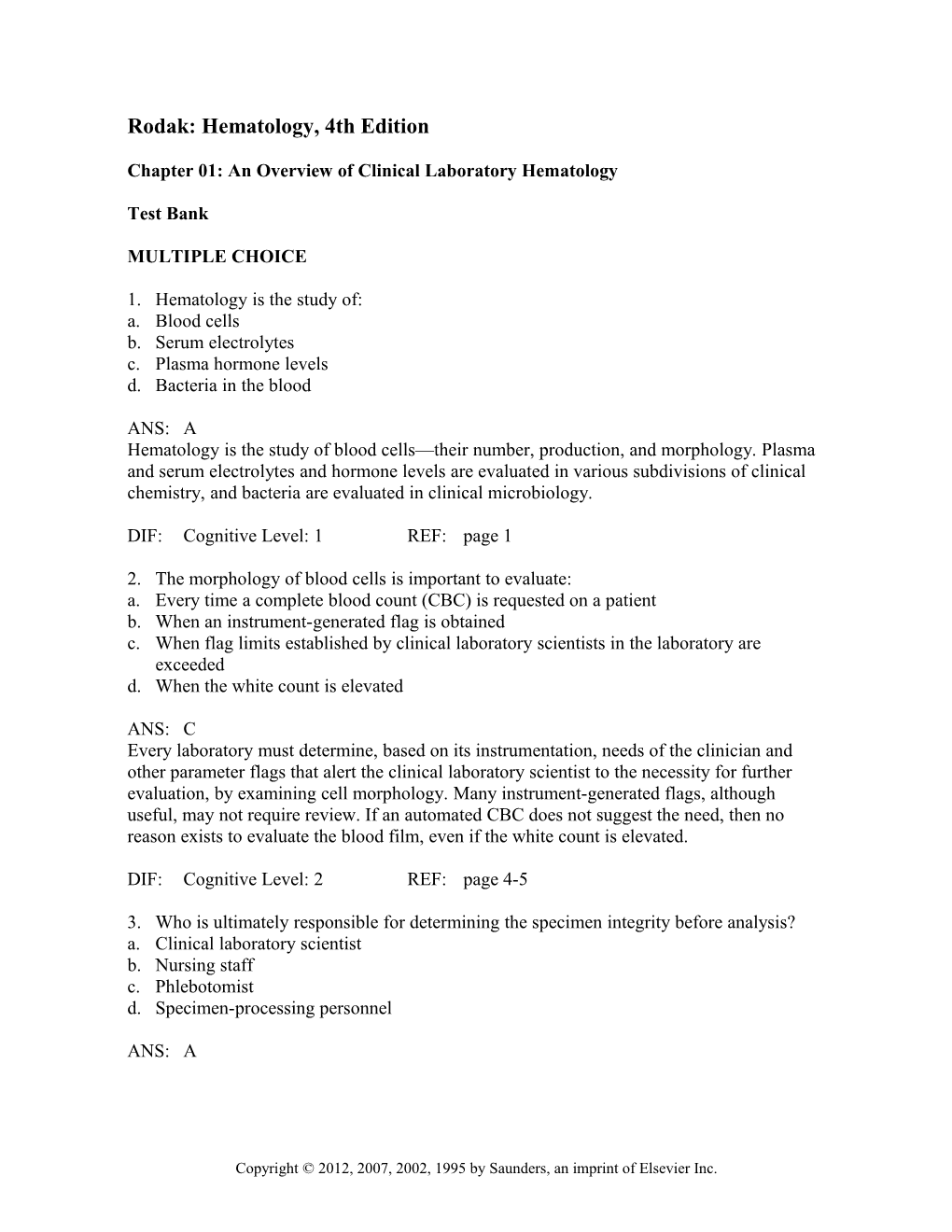 Chapter 01: an Overview of Clinical Laboratory Hematology