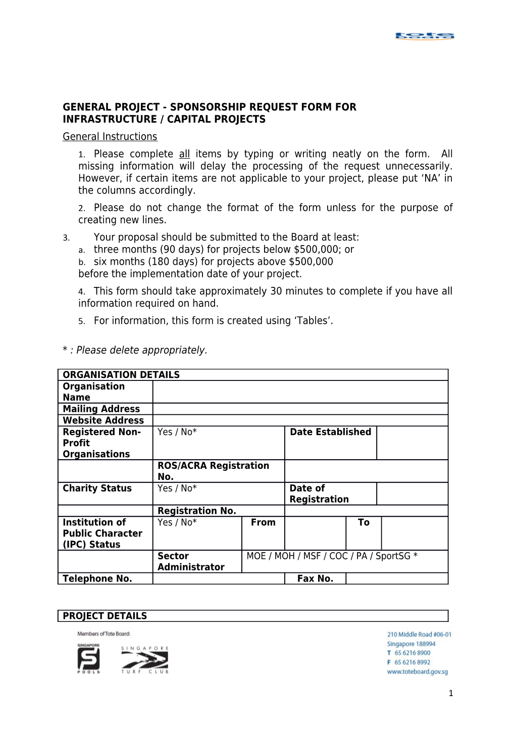General Project - Sponsorship Request Form for Infrastructure / Capital Projects