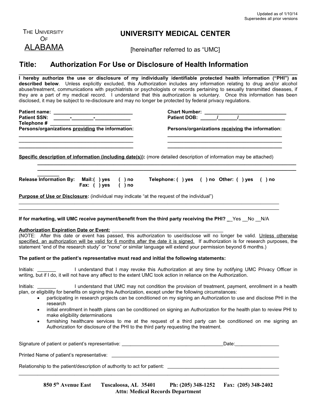 Attachment A: Authorization for Use and Disclosure of Health Information