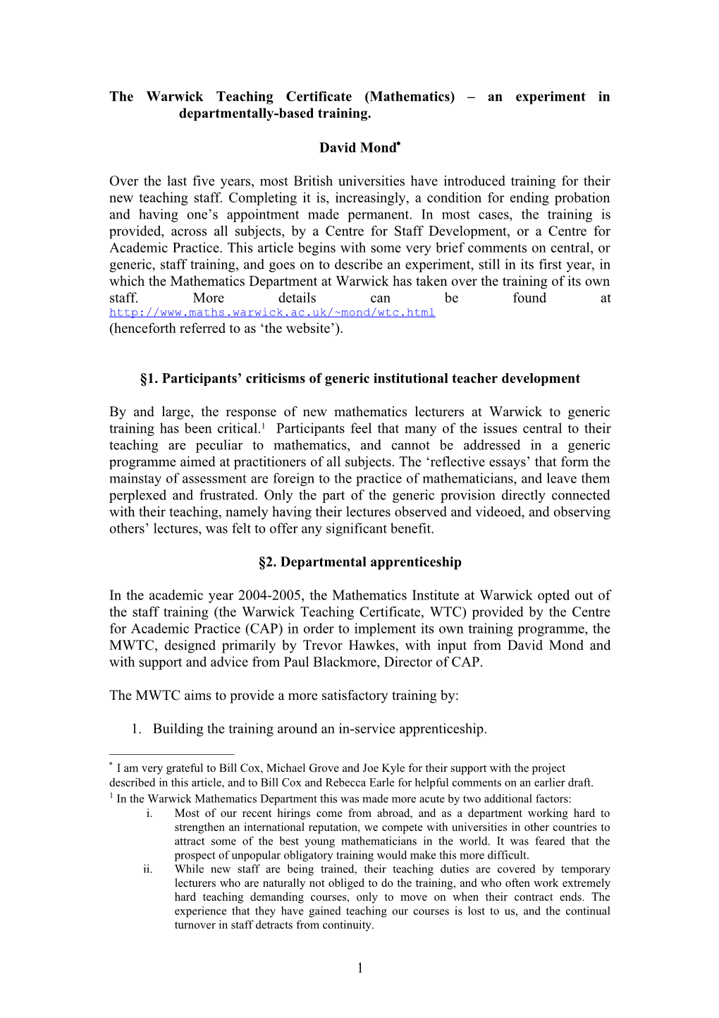 The Warwick Teaching Certificate (Mathematics) an Experiment in Departmentally-Based Training