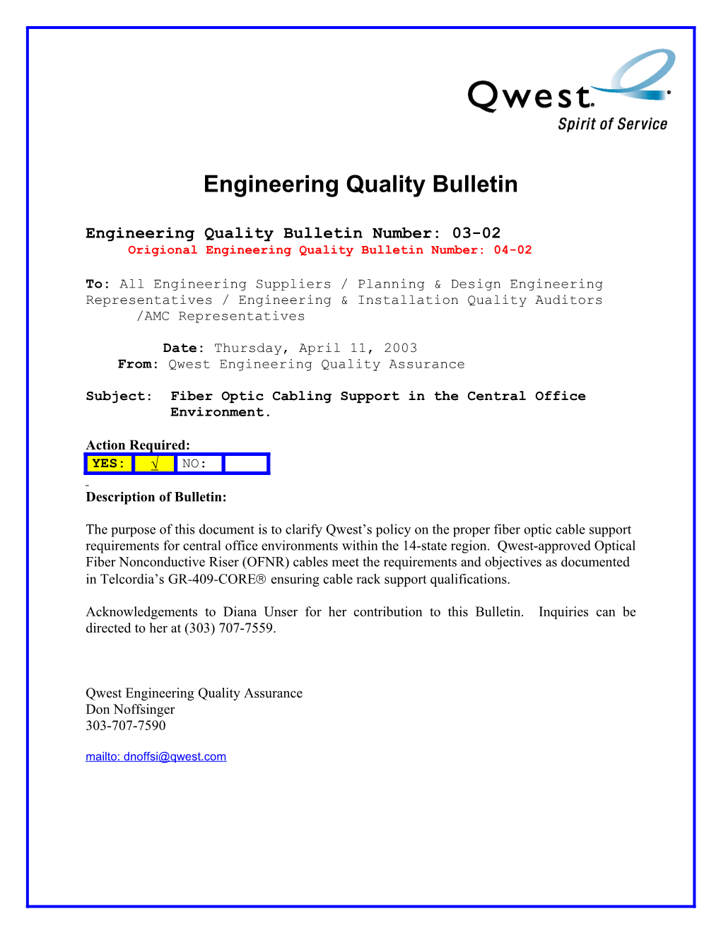 Engineering Quality Bulletin Number: 03-02