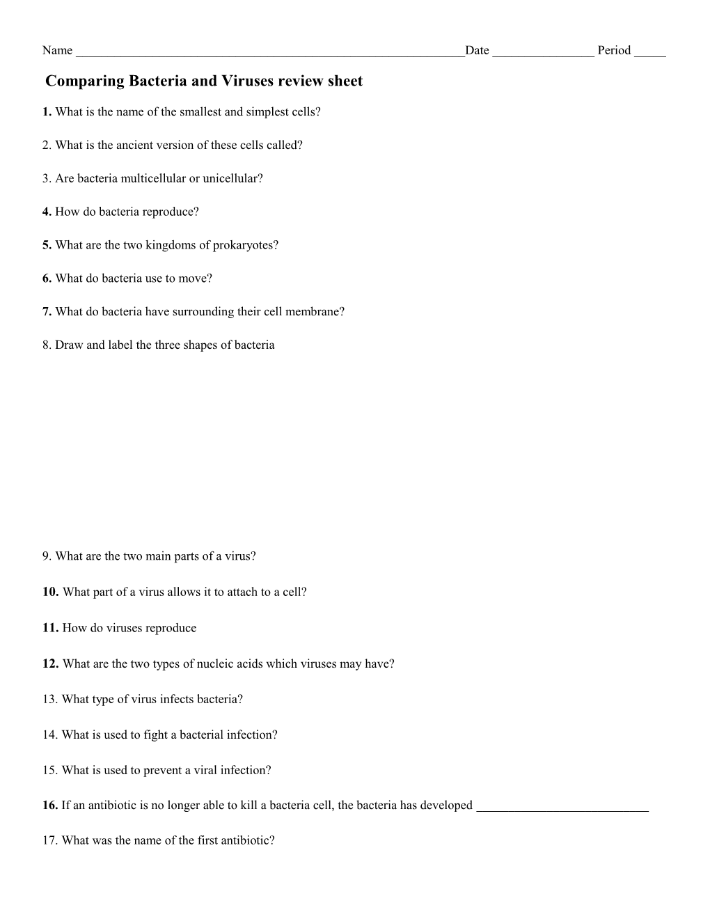 Comparing Bacteria and Viruses Review Sheet