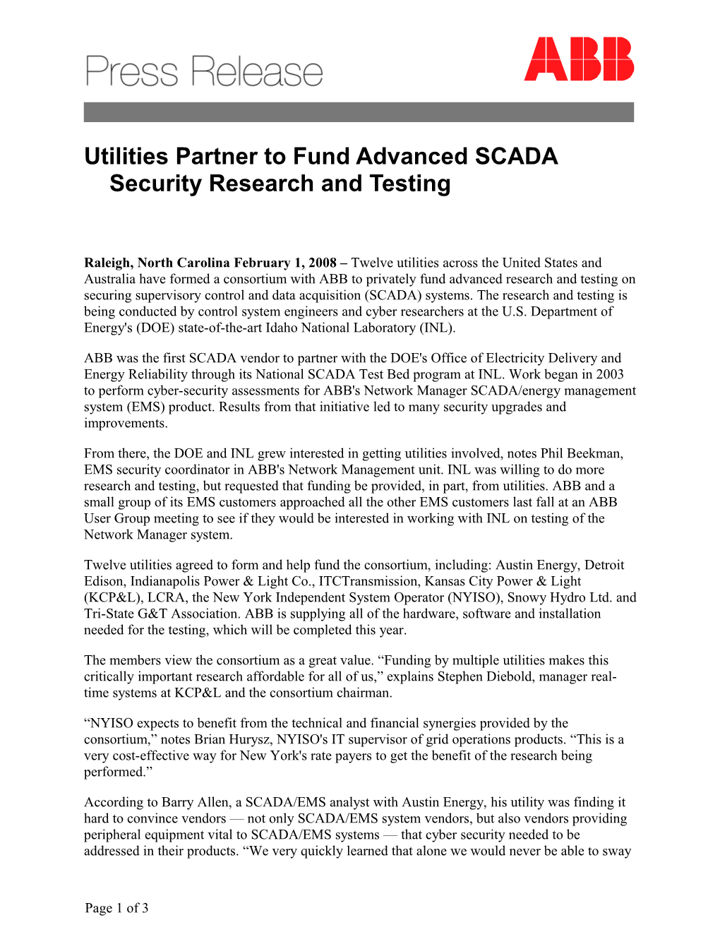 Utilities Partner to Fund Advanced SCADA Security Research and Testing