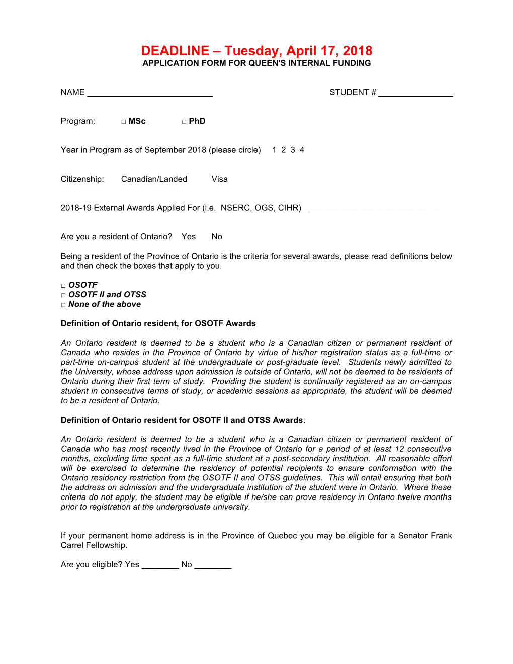 Application Form for Queen's Internal Funding