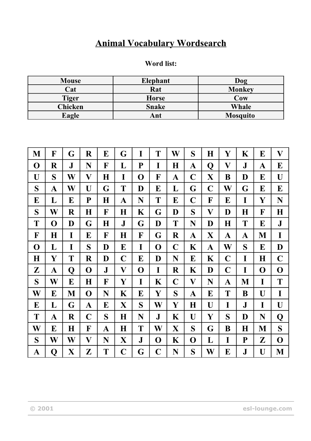 Animal Vocabulary Wordsearch