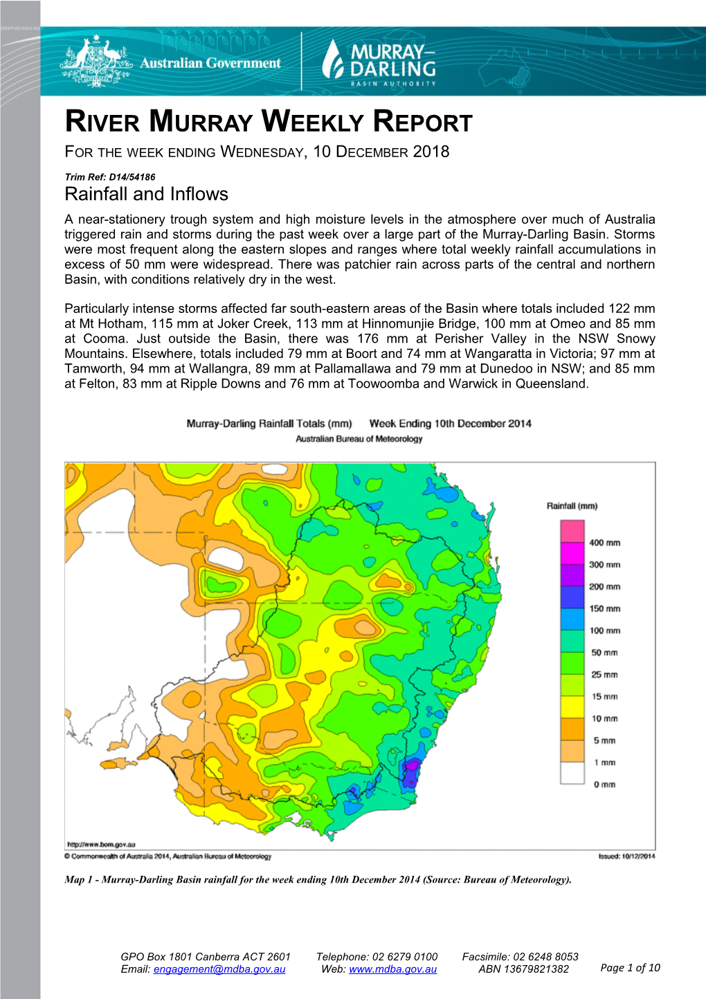 River Murray Operations Weekly Report 10Th December 2014