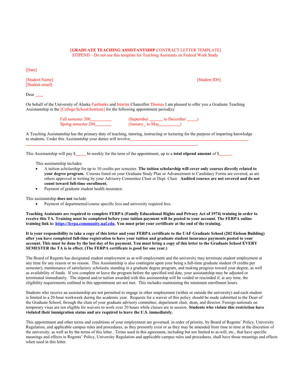 Draft Graduate Assistantship Contract Letter (2/13/05)
