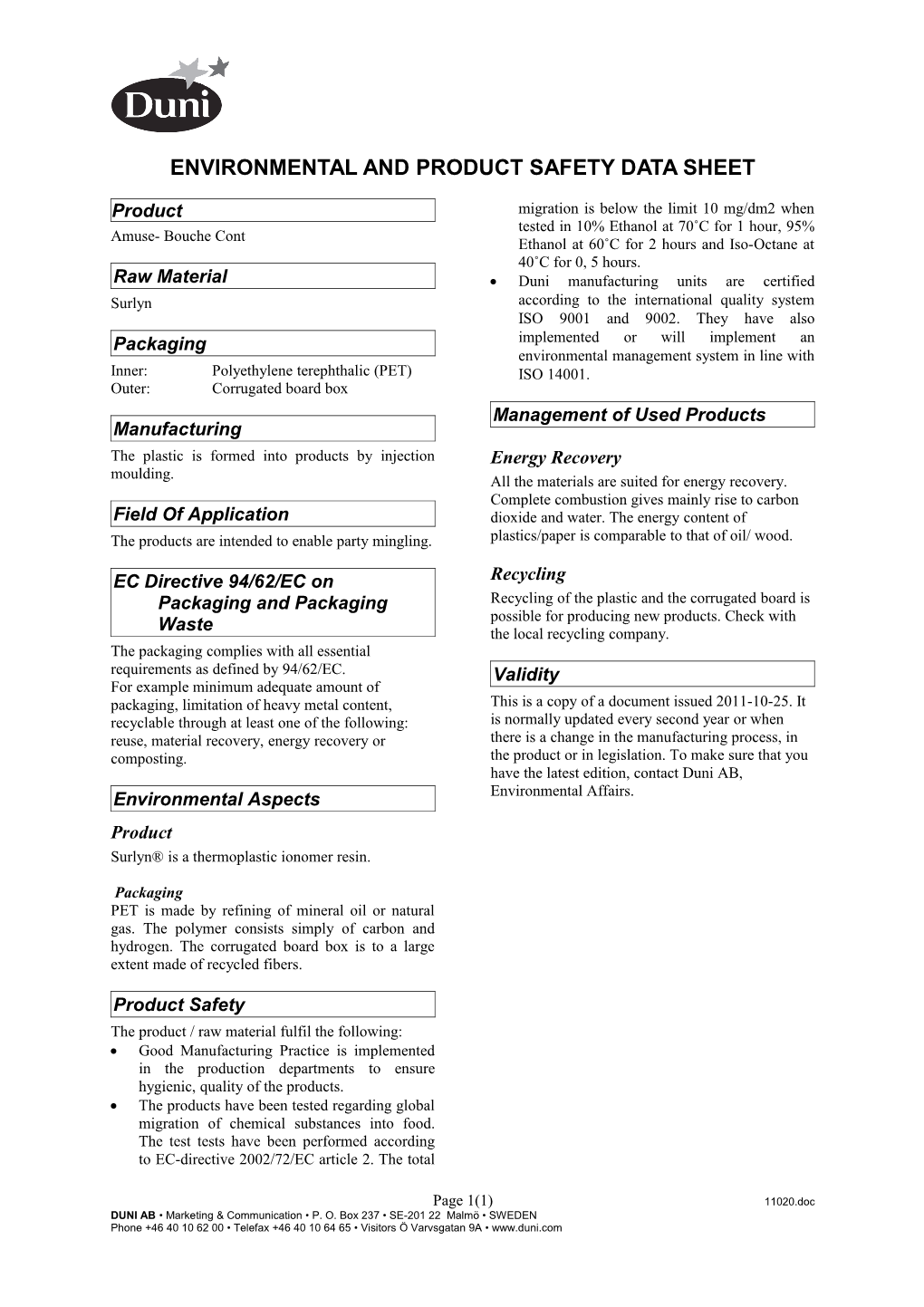 Environmental and Product Safety Data Sheet s1