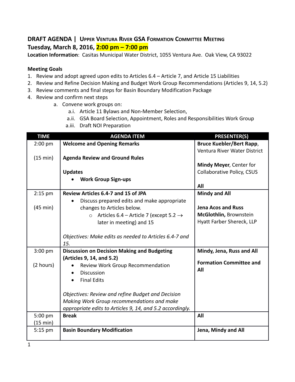 DRAFTAGENDA Upper Ventura River GSA Formation Committee Meeting