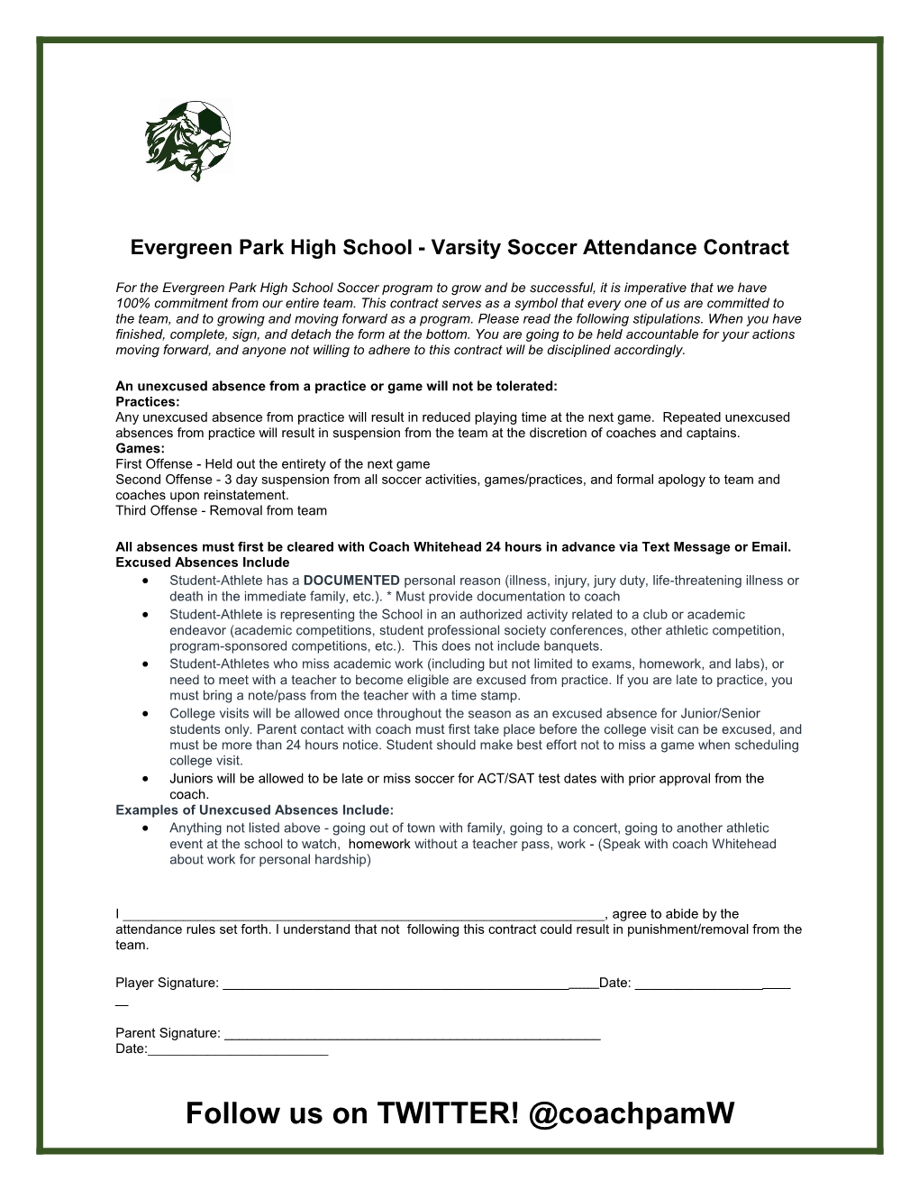 Evergreen Park High School - Varsity Soccer Attendance Contract