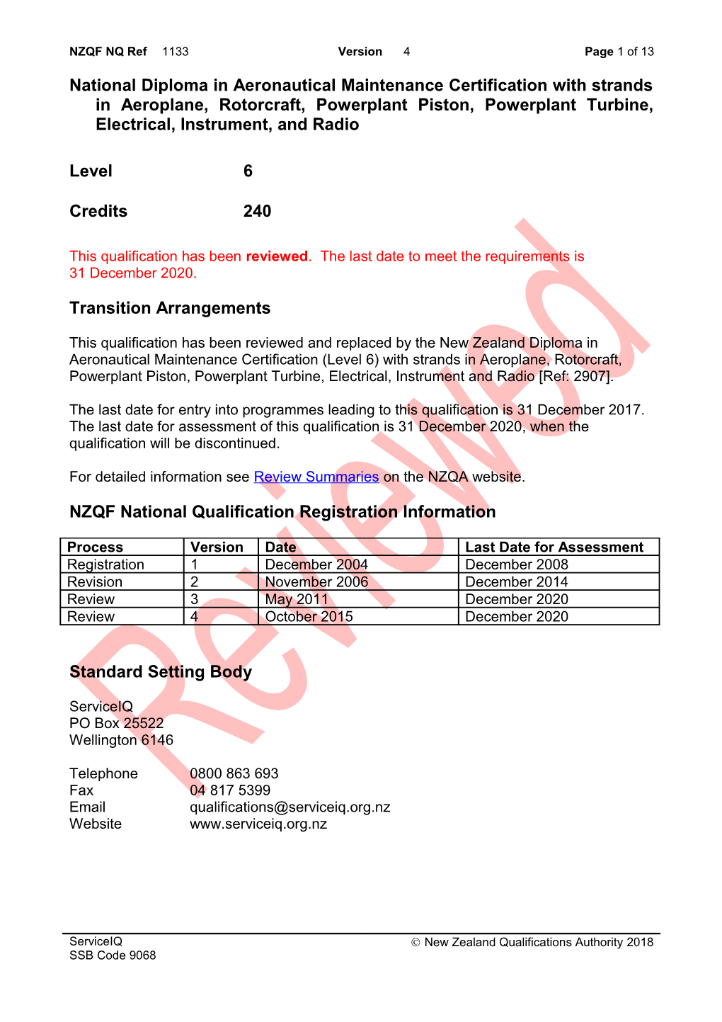 1133 National Diploma in Aeronautical Maintenance Certification with Strands in Aeroplane