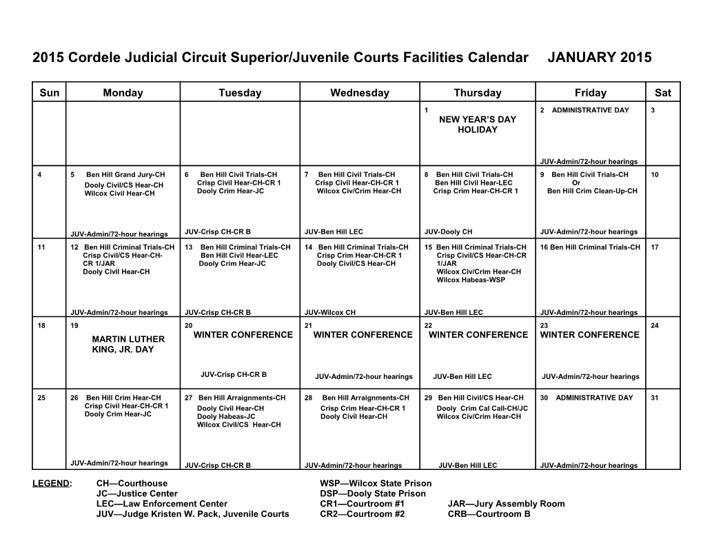 2013 Cordele Judicial Circuit Superior/Juvenile Courts Calendar
