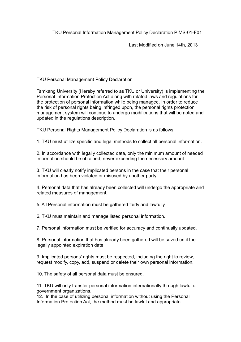 TKU Personal Information Management Policy Declaration PIMS-01-F01