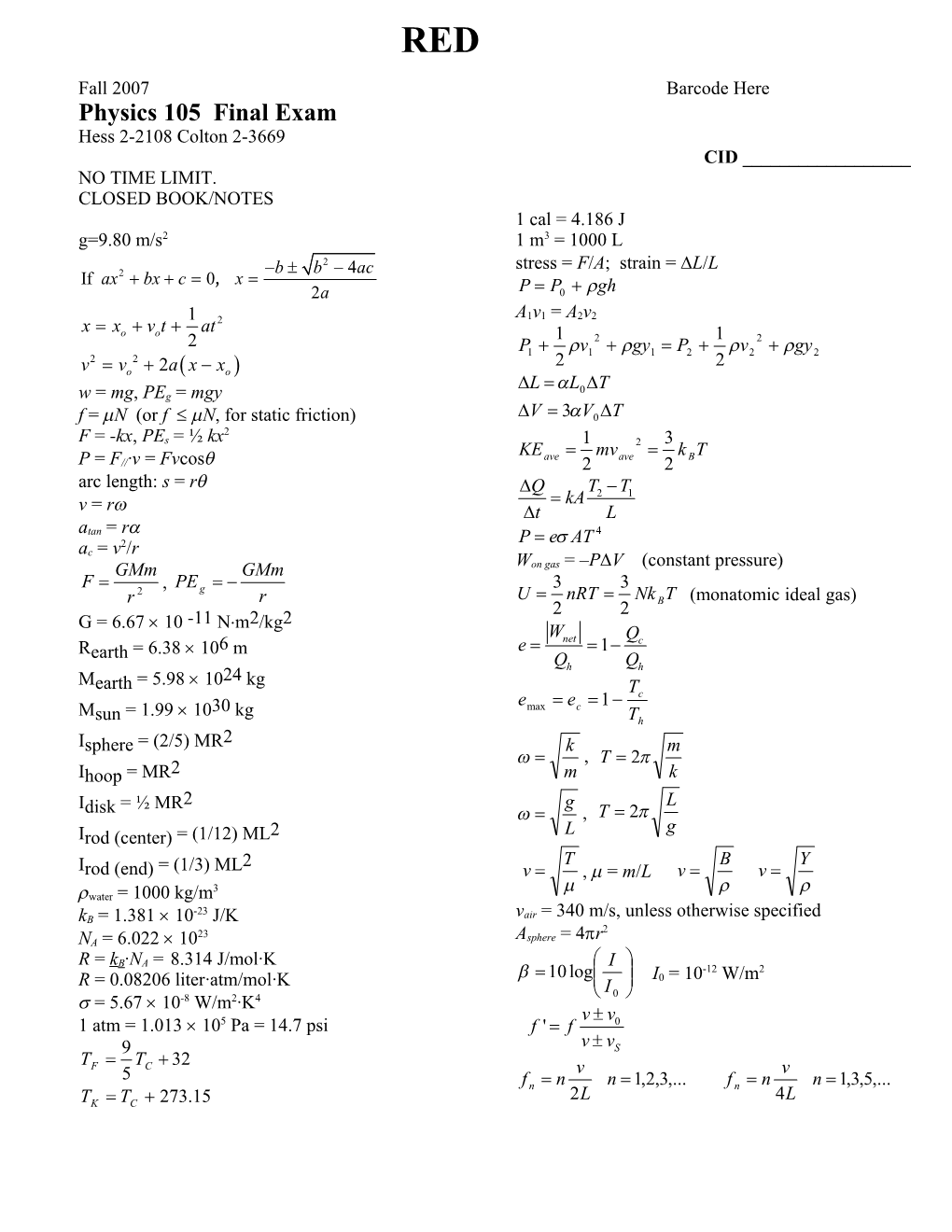 Physics 105 Final Exam