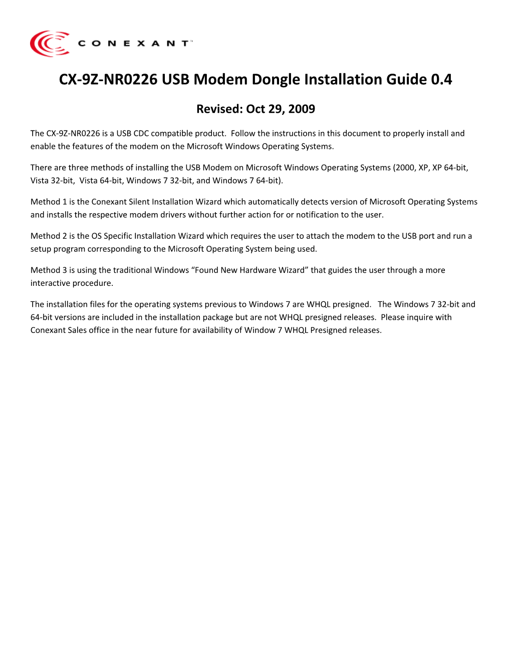 CX-9Z-NR0226 USB Modem Dongle Installation Guide 0.4