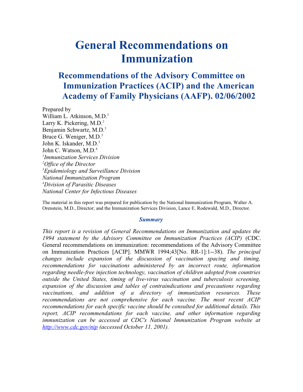 General Recommendations on Immunization