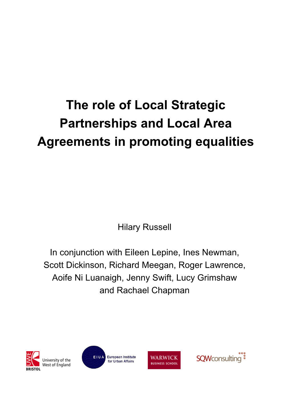 The Role of Local Strategic Partnerships and Local Area Agreements in Promoting Equalities