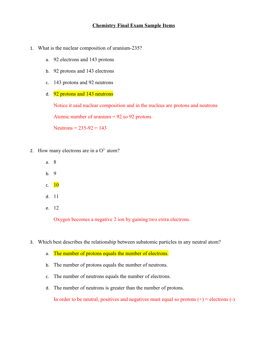 Chemistry Final Exam Sample Items s1