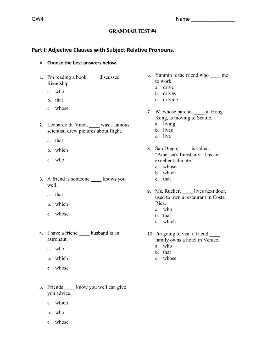 Part I: Adjective Clauses with Subject Relative Pronouns