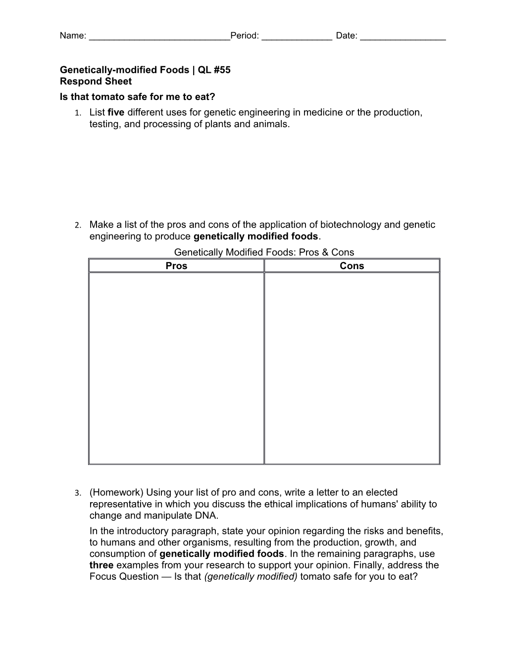 Genetically-Modified Foods QL #55 Respond Sheet