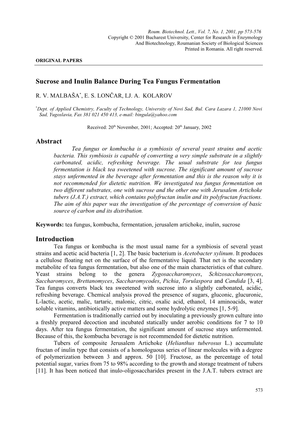 Sucrose and Inulin Balance During Tea Fungus Fermentation