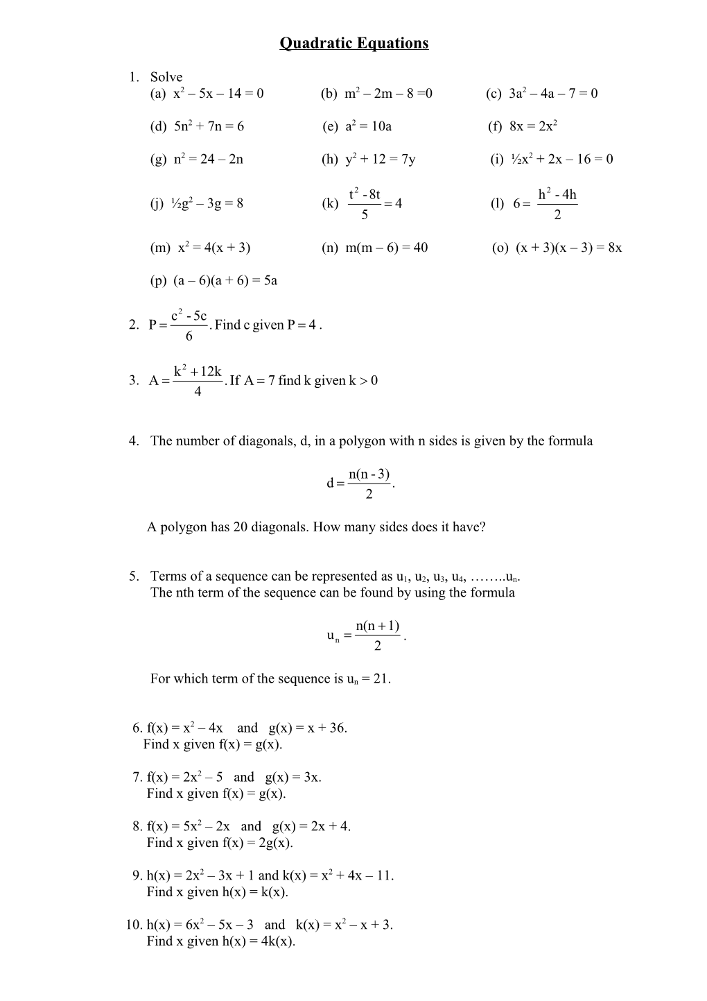 Quadratic Equations