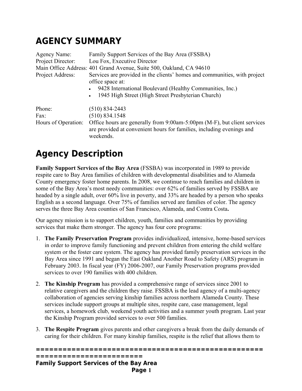 Agency Description (One Page)