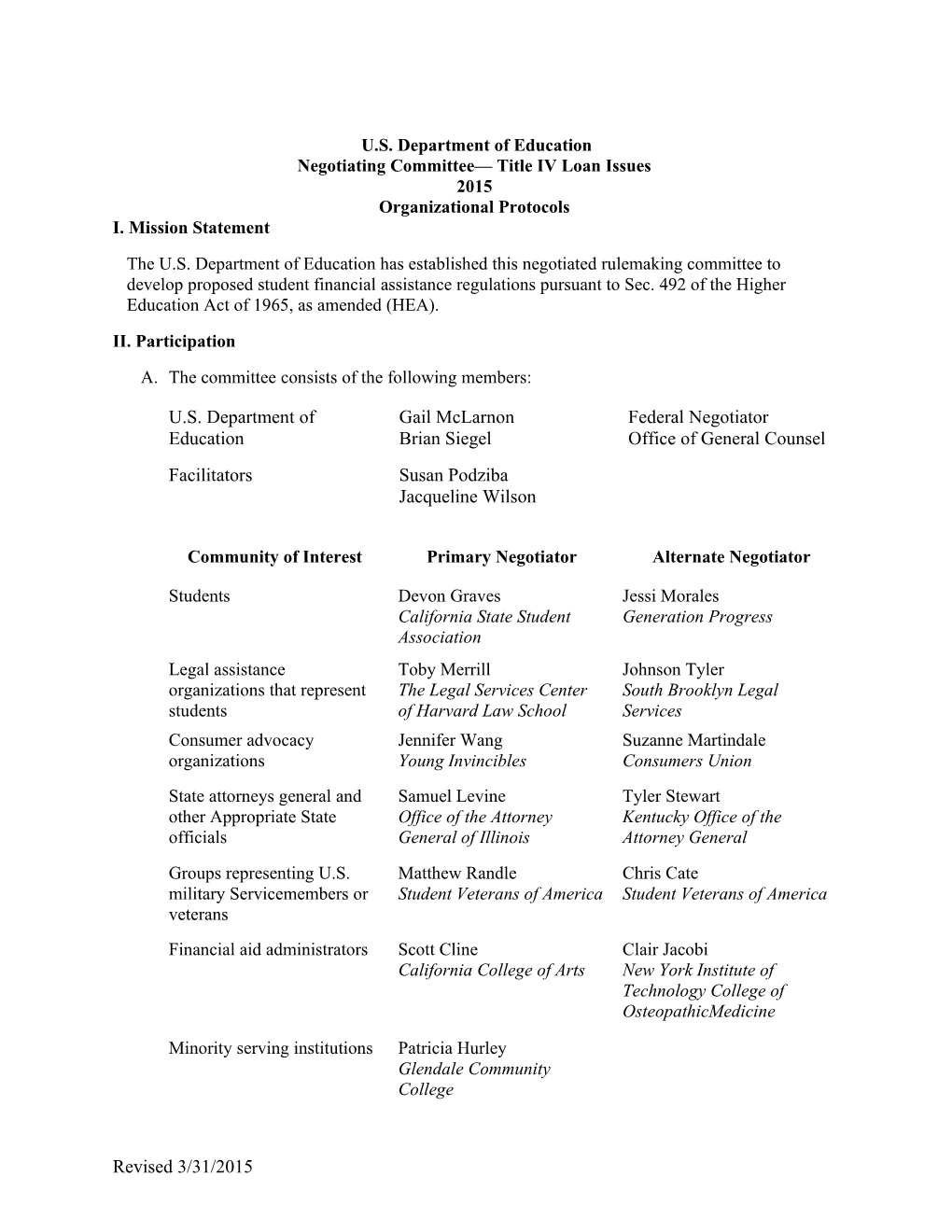 Negotiated Rulemaking for Higher Education 2015 - Team II, Student Loan Issues - Organizational