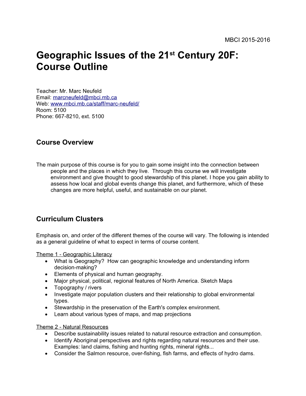 Geographic Issues of the 21St Century 20F: Course Outline