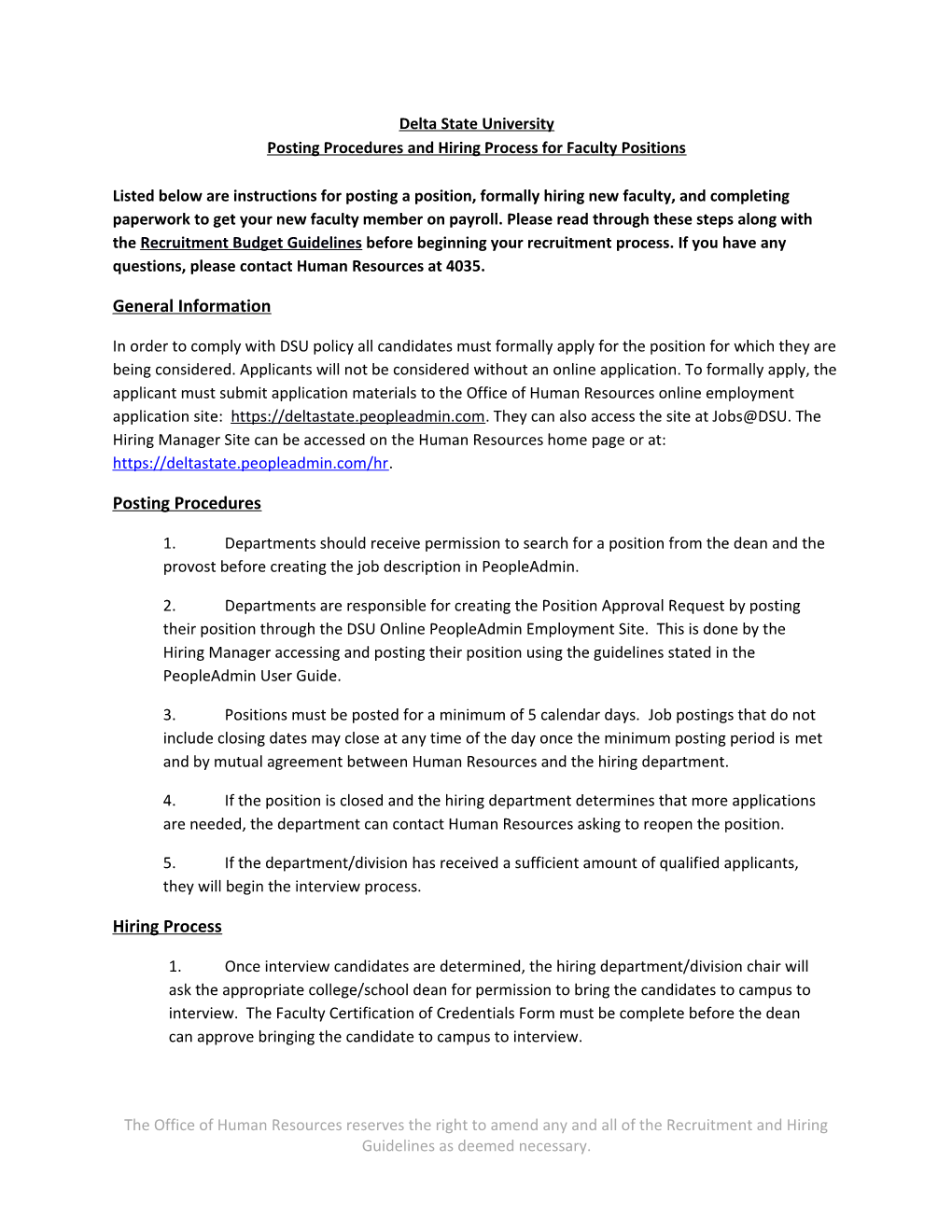 Posting Procedures and Hiring Process for Faculty Positions