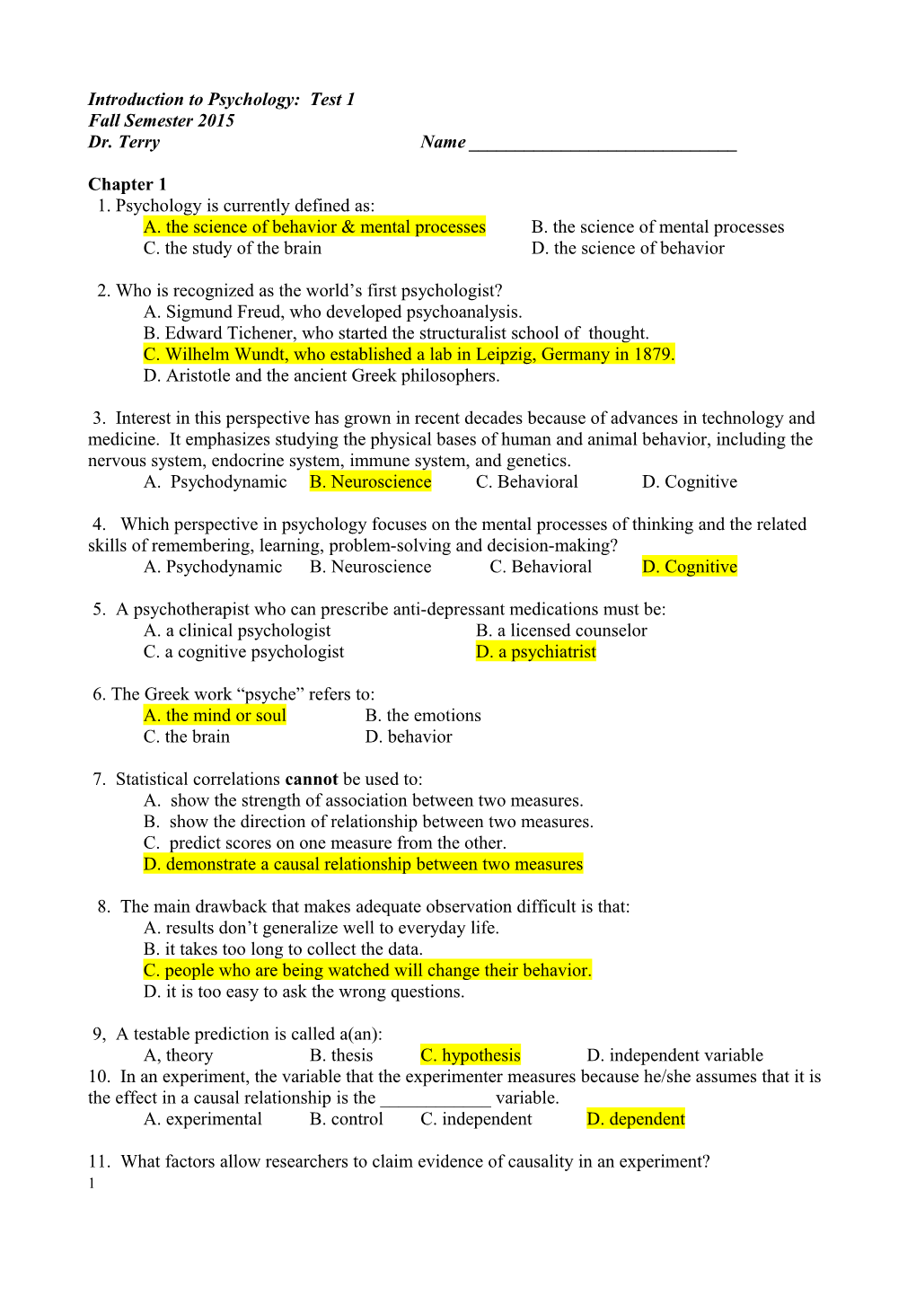 Introduction to Psychology: Final Exam