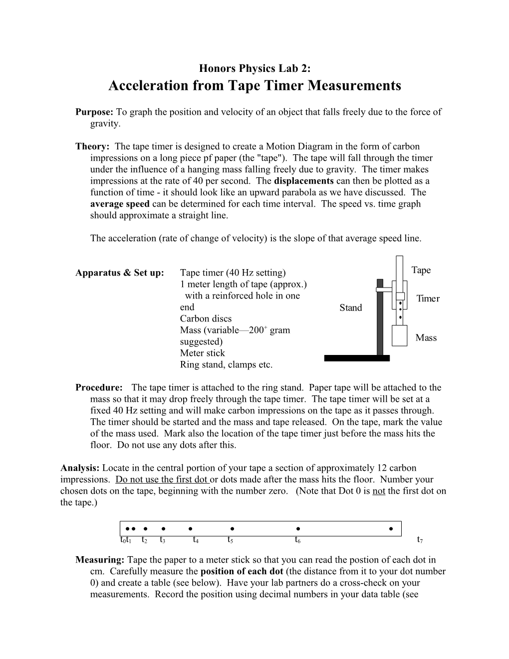 Experiment 1: Acceleration from Tape Timer Measurements