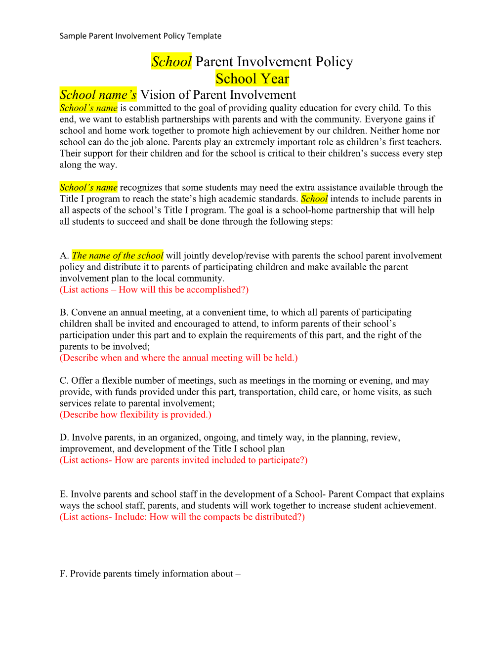 Sample Parent Involvement Policy Template