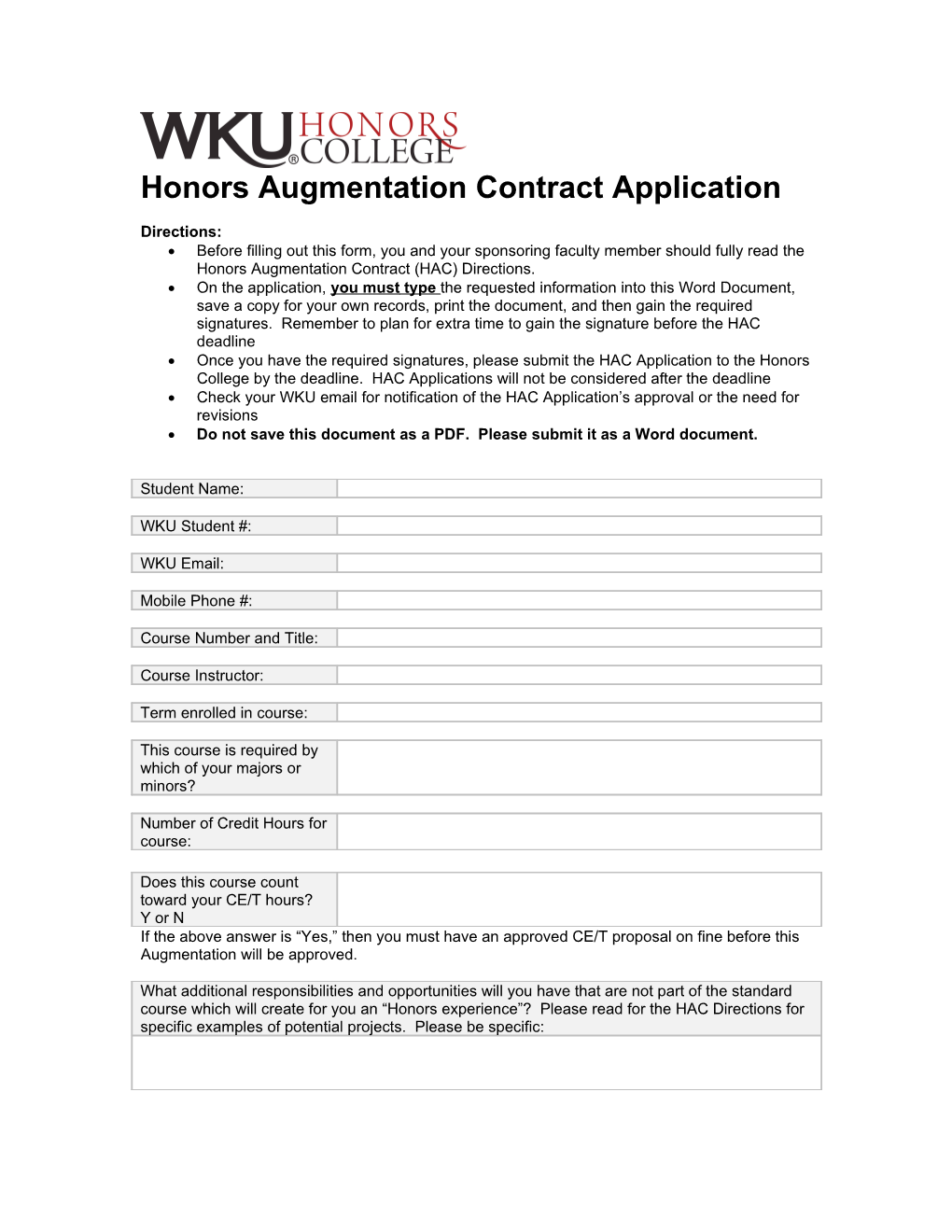 Honors Augmentation Contract Application