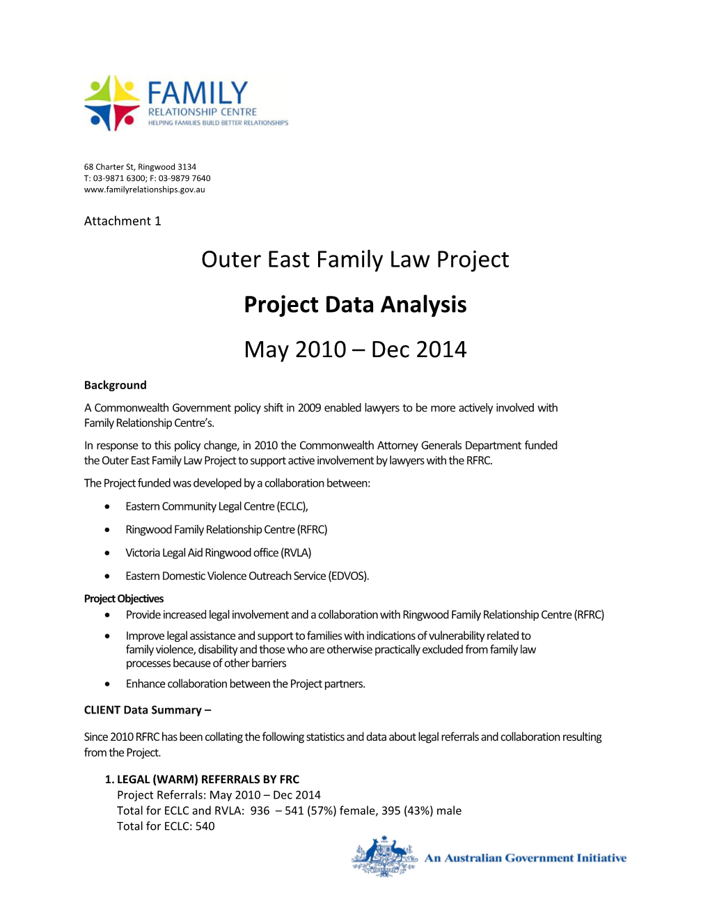 Outer East Family Law Project - Project Data Analysis May 2010 Dec 2014