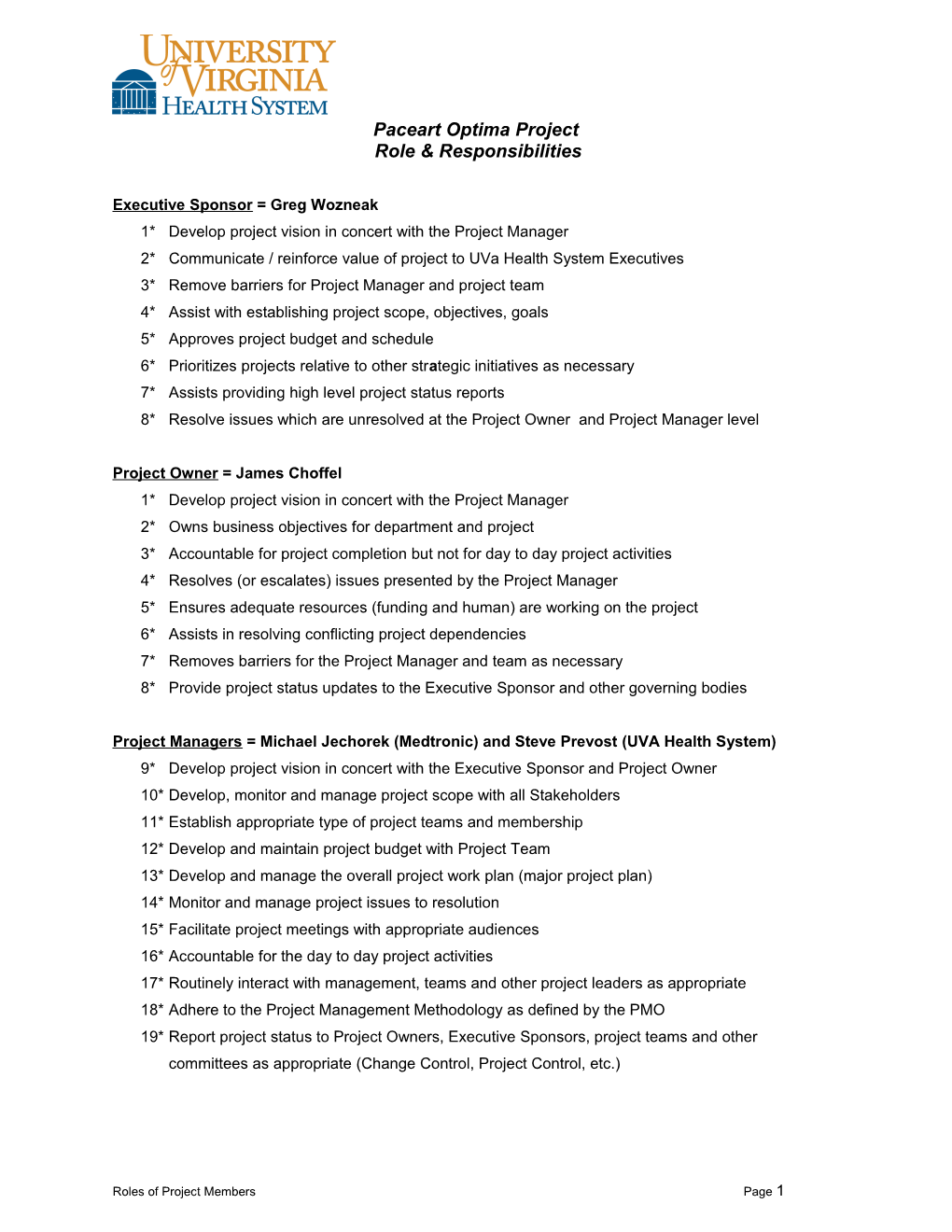 Paceart Optima Roles and Responsibilities