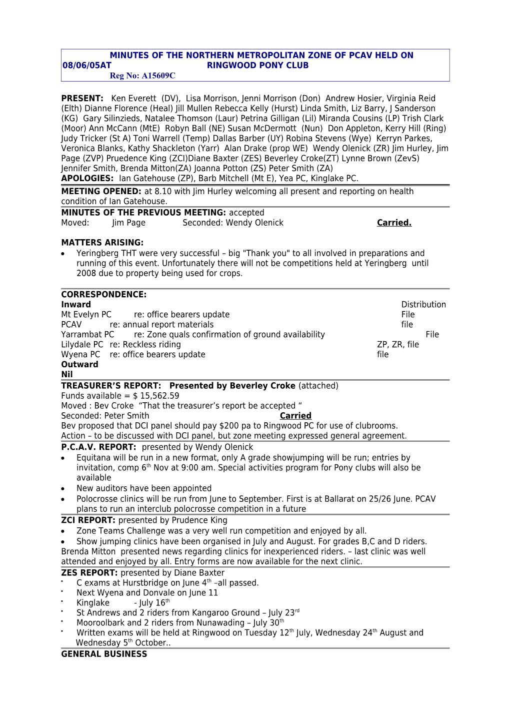 Minutes of the Northern Metropolitan Zone of Pcav Held on 08/06/05At Ringwood Pony Club