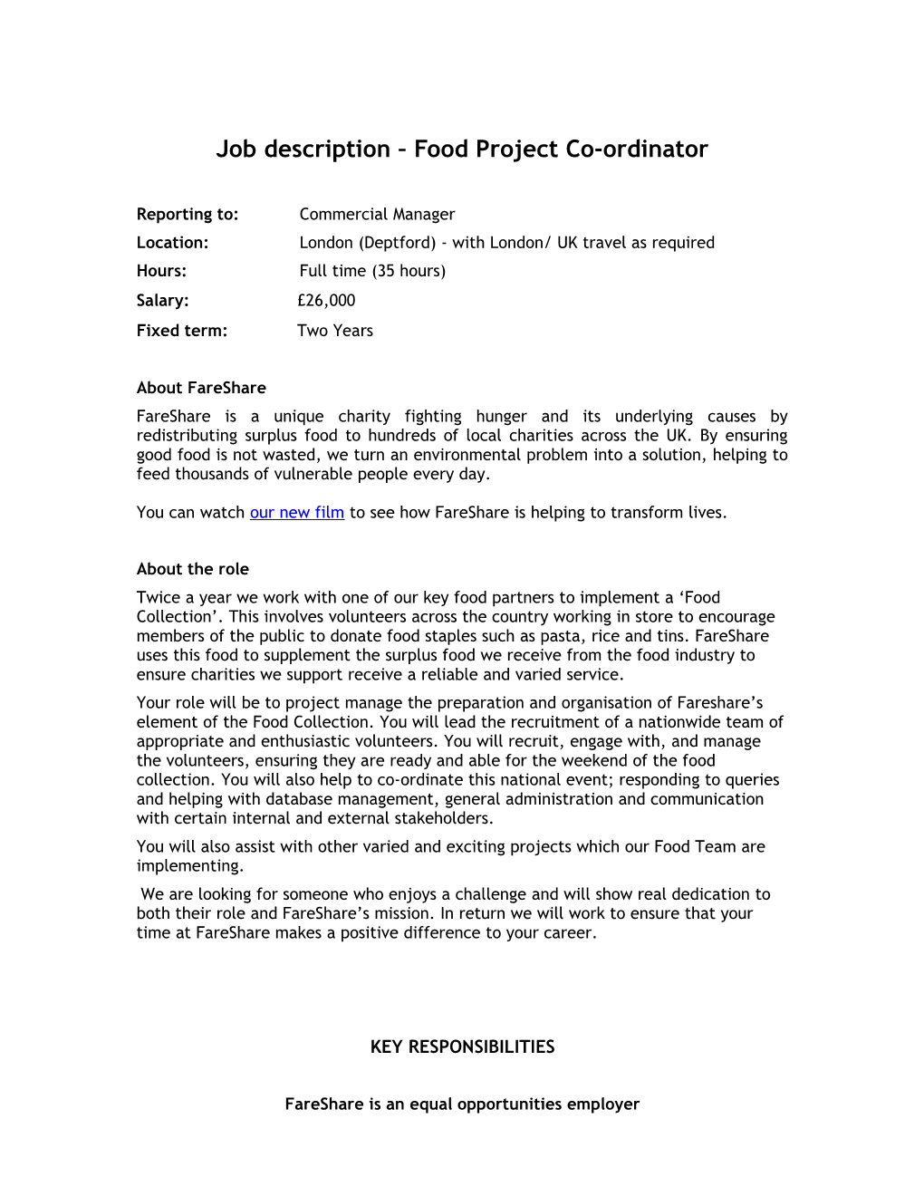 Job Description Food Project Co-Ordinator