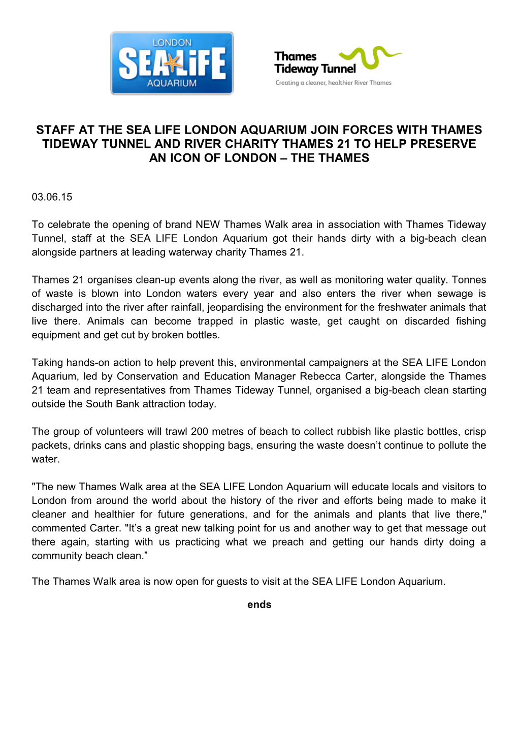 Staff at the Sea Life London Aquarium Join Forces with Thames Tideway Tunnel and River