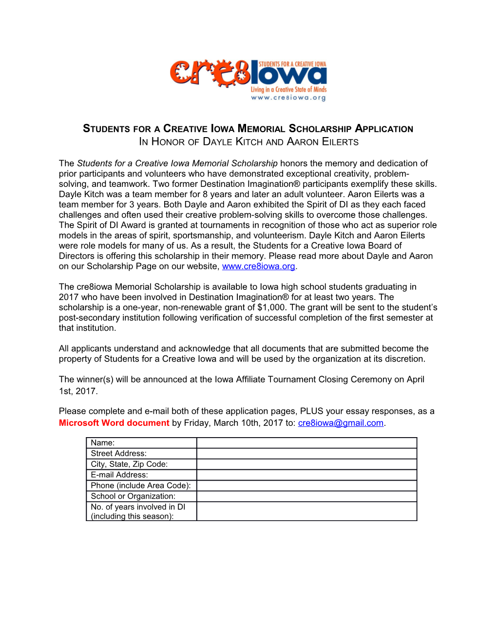 Studentsfor a Creative Iowa Memorial Scholarship Application