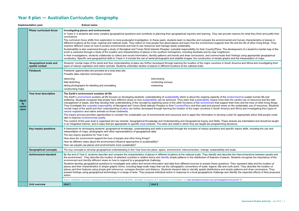 Year 4 Plan Australian Curriculum: Geography