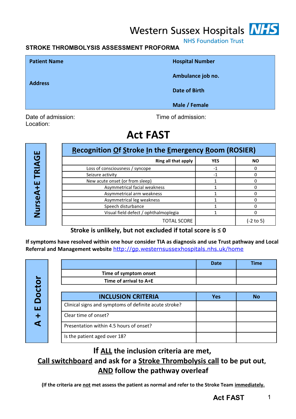 Stroke Thrombolysis Assessment Proforma