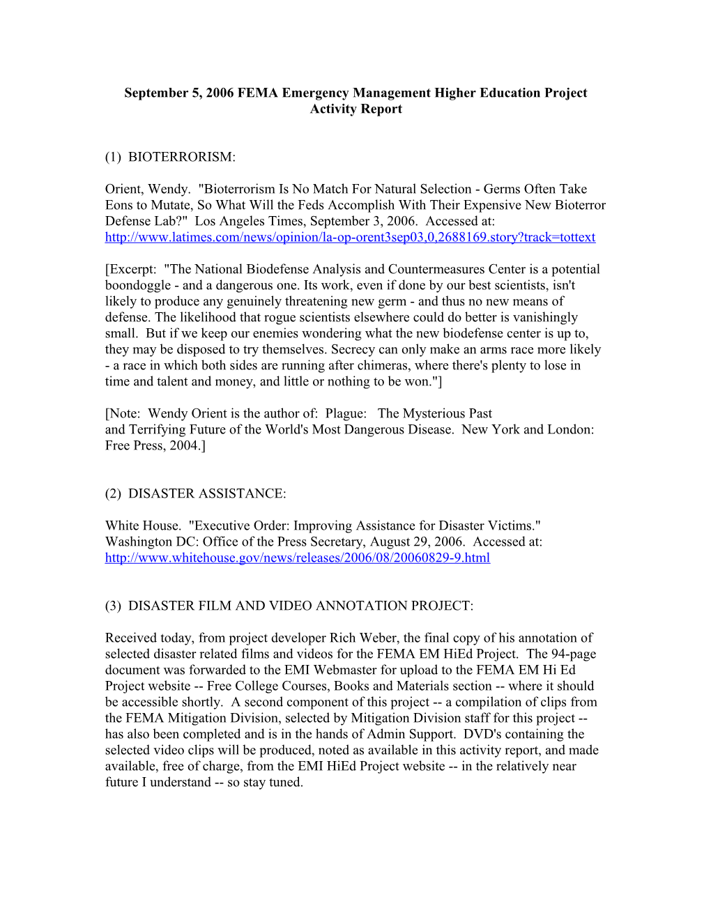 September 5, 2006 FEMA Emergency Management Higher Education Project Activity Report