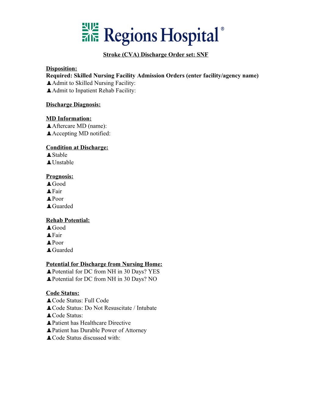 Stroke (CVA) Discharge Order Set: SNF