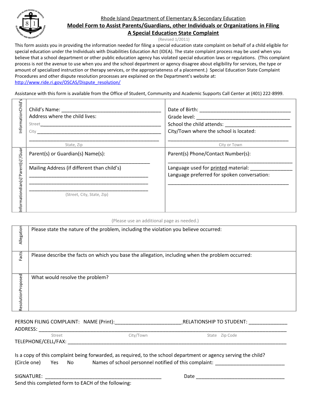 Model Form to Assist Parents/Guardians, Other Individuals Or Organizations in Filing