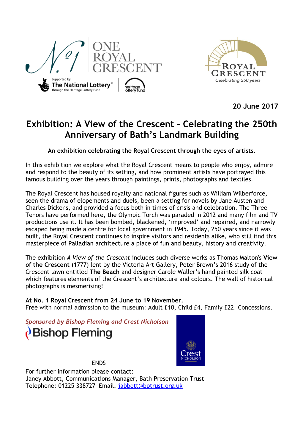 Exhibition: a View of the Crescent Celebrating the 250Th Anniversary of Bath S Landmark