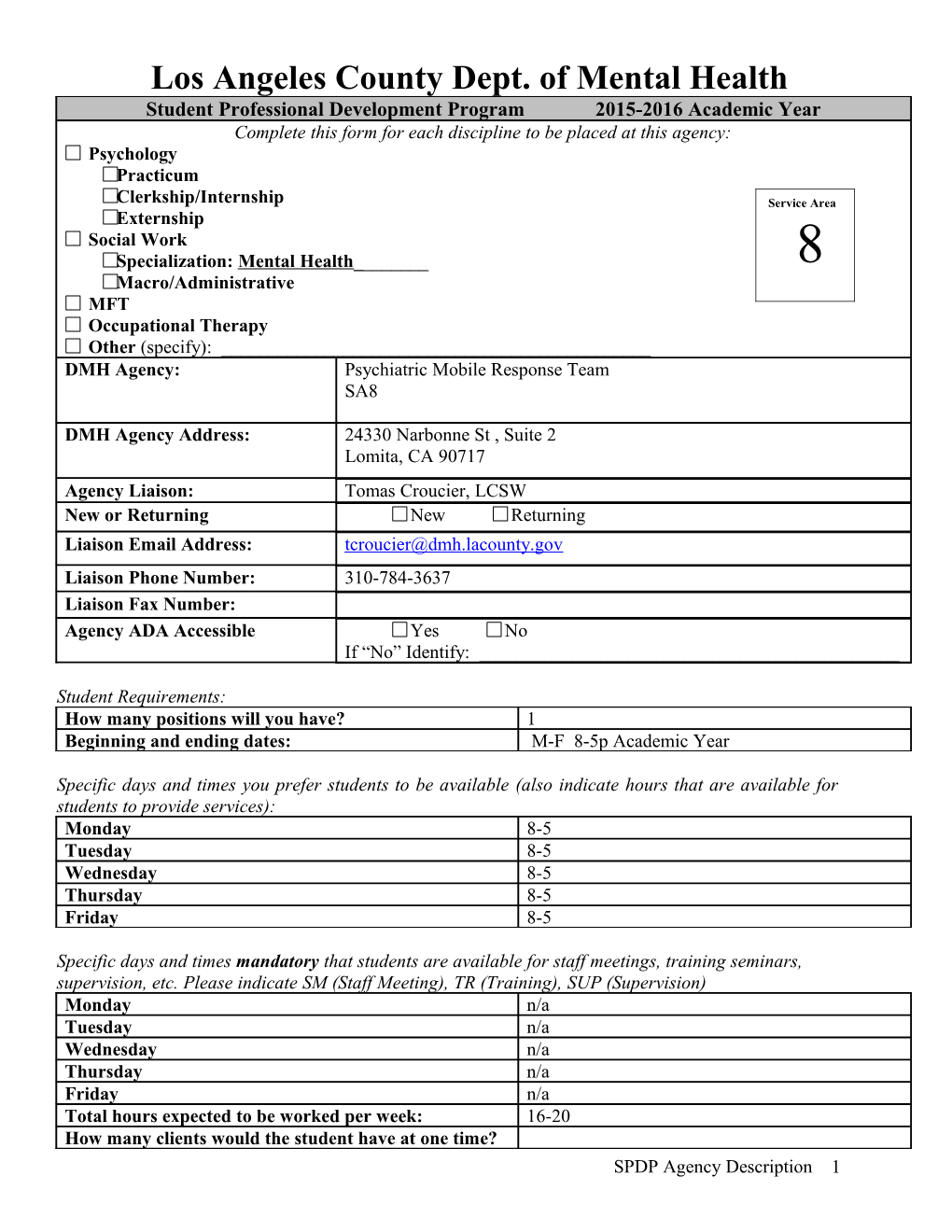 Practicum Agency Information Sheet