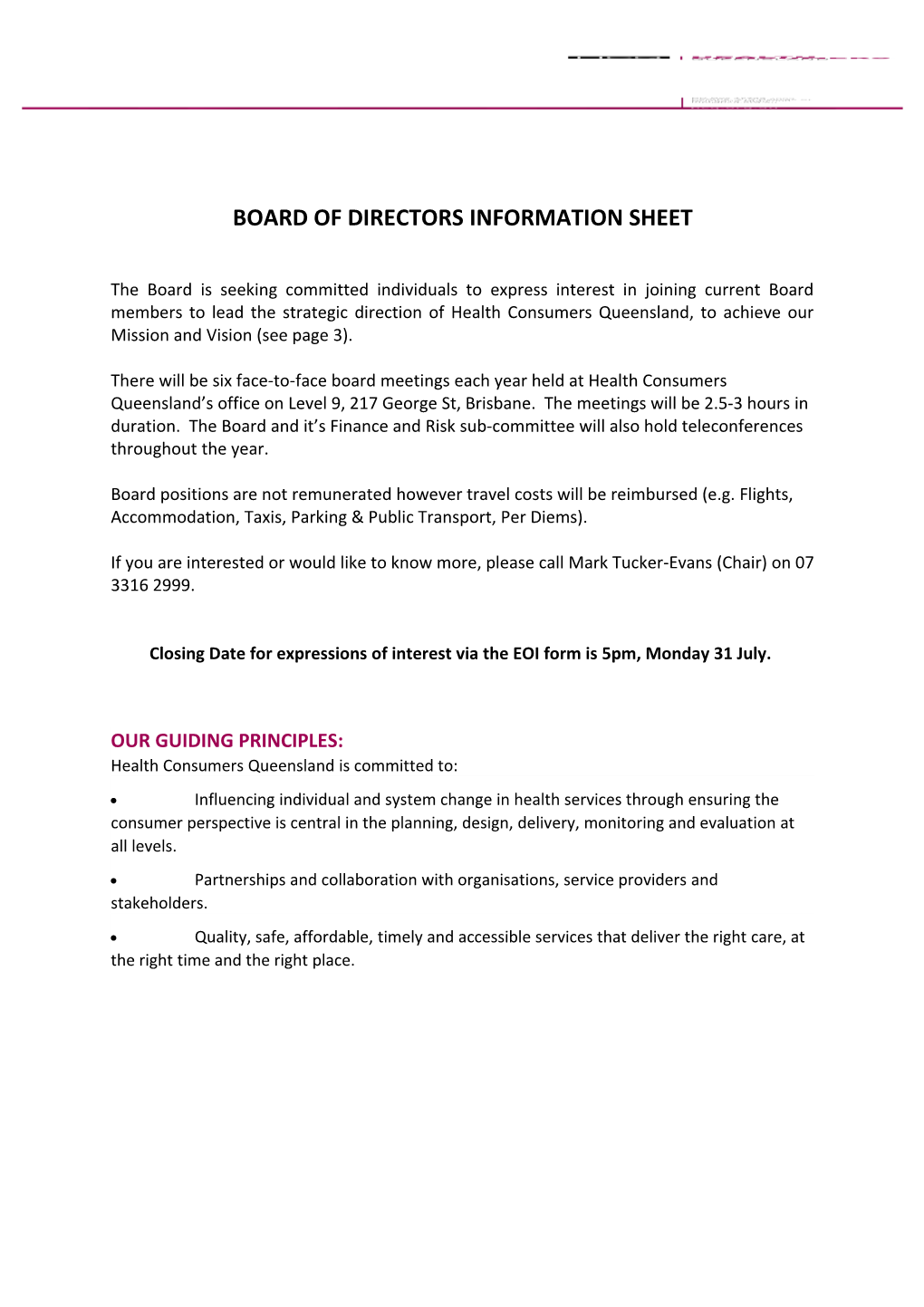 Board of Directors Information Sheet