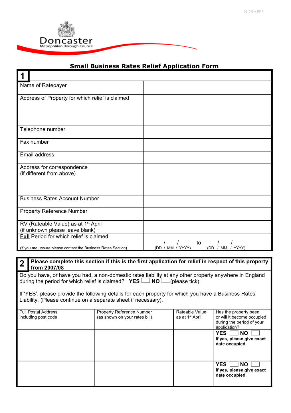 Small Business Rates Relief Application Form